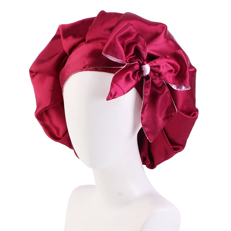 Trendy Double Satin Women's Hair Care Hat - Breathable, Adjustable Elastic Band with Elegant Bowknot Ribbon - Perfect for Sleep & Casual Wear
