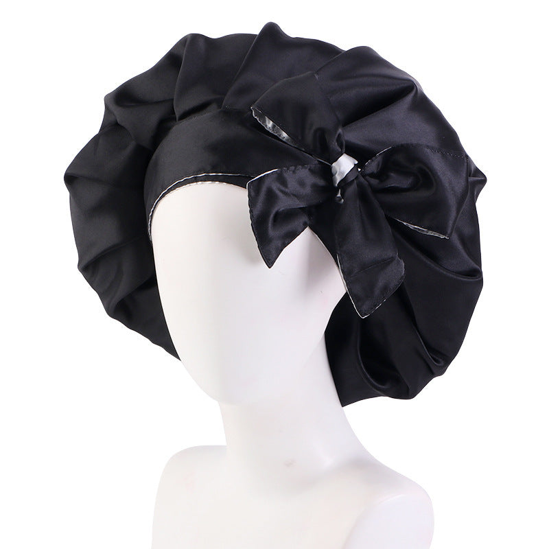 Trendy Double Satin Women's Hair Care Hat - Breathable, Adjustable Elastic Band with Elegant Bowknot Ribbon - Perfect for Sleep & Casual Wear