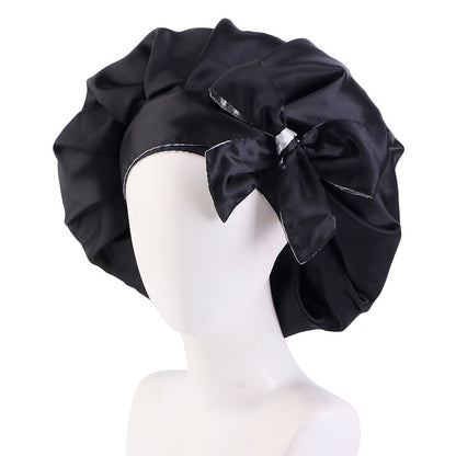 Trendy Double Satin Women's Hair Care Hat - Breathable, Adjustable Elastic Band with Elegant Bowknot Ribbon - Perfect for Sleep & Casual Wear