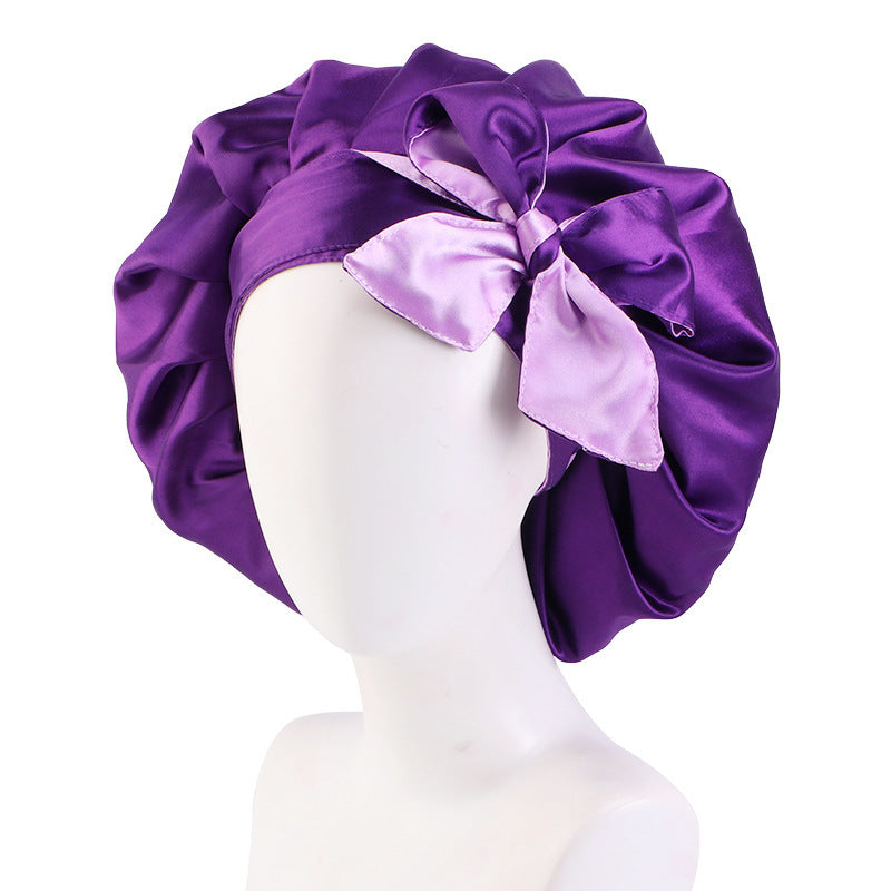 Trendy Double Satin Women's Hair Care Hat - Breathable, Adjustable Elastic Band with Elegant Bowknot Ribbon - Perfect for Sleep & Casual Wear