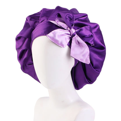 Trendy Double Satin Women's Hair Care Hat - Breathable, Adjustable Elastic Band with Elegant Bowknot Ribbon - Perfect for Sleep & Casual Wear