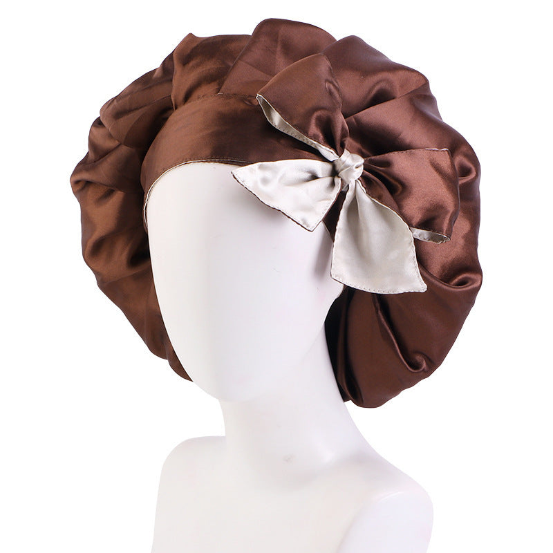Trendy Double Satin Women's Hair Care Hat - Breathable, Adjustable Elastic Band with Elegant Bowknot Ribbon - Perfect for Sleep & Casual Wear