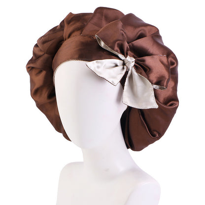 Trendy Double Satin Women's Hair Care Hat - Breathable, Adjustable Elastic Band with Elegant Bowknot Ribbon - Perfect for Sleep & Casual Wear