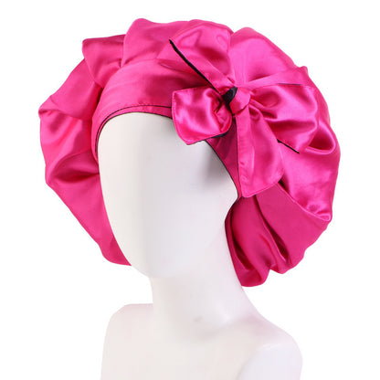 Trendy Double Satin Women's Hair Care Hat - Breathable, Adjustable Elastic Band with Elegant Bowknot Ribbon - Perfect for Sleep & Casual Wear