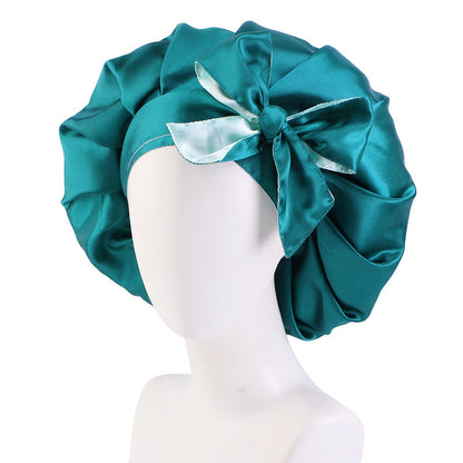 Trendy Double Satin Women's Hair Care Hat - Breathable, Adjustable Elastic Band with Elegant Bowknot Ribbon - Perfect for Sleep & Casual Wear