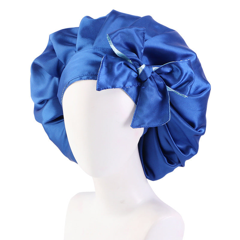 Trendy Double Satin Women's Hair Care Hat - Breathable, Adjustable Elastic Band with Elegant Bowknot Ribbon - Perfect for Sleep & Casual Wear