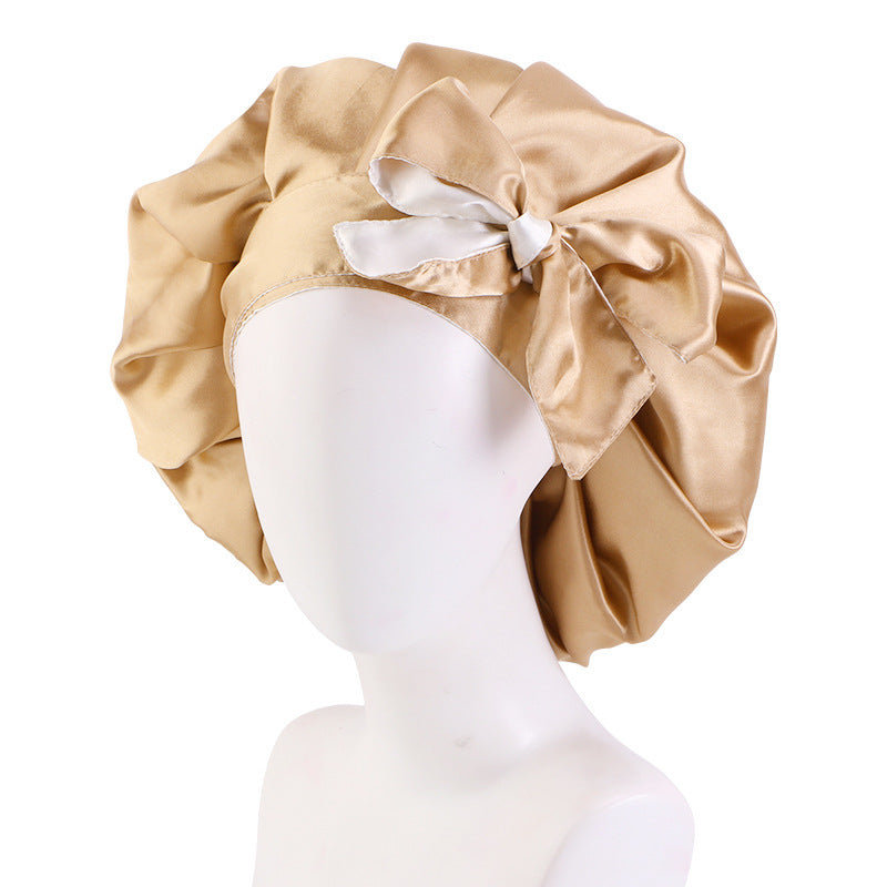 Trendy Double Satin Women's Hair Care Hat - Breathable, Adjustable Elastic Band with Elegant Bowknot Ribbon - Perfect for Sleep & Casual Wear