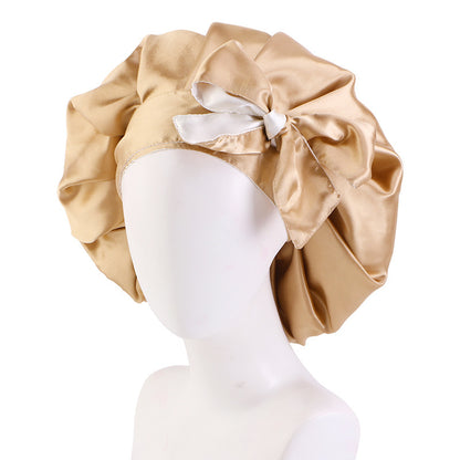 Trendy Double Satin Women's Hair Care Hat - Breathable, Adjustable Elastic Band with Elegant Bowknot Ribbon - Perfect for Sleep & Casual Wear